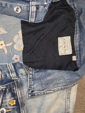 Grace in LA Boho Embroidered Floral Denim Jacket Light Wash